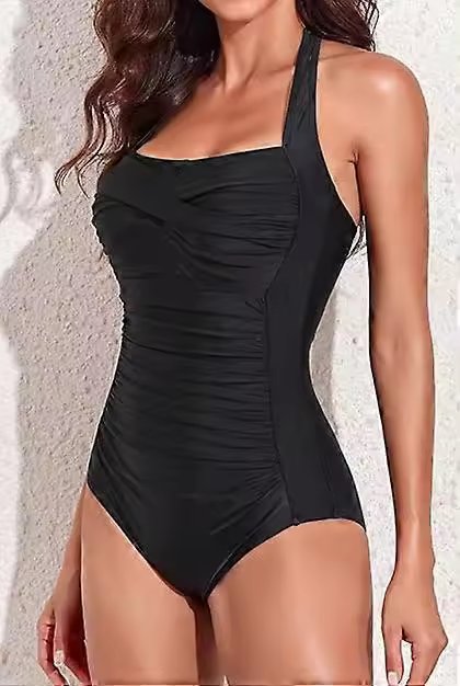 Traje de baño con control de barriga para mujer, traje de baño retro con cuello halter, talla grande, traje de baño acolchado con realce - 1