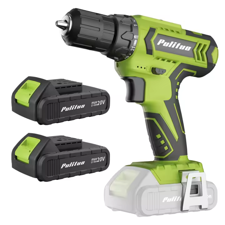 FADAWALT Juego de destornilladores inalámbricos, juego de taladro inalámbrico de 20 V con 2 baterías de 1300 mAh, taladro inalámbrico 21 + 1 niveles de torsión, caja de herramientas verde para bricolaje con taladro, 2 velocidades variables, luz LED - 1