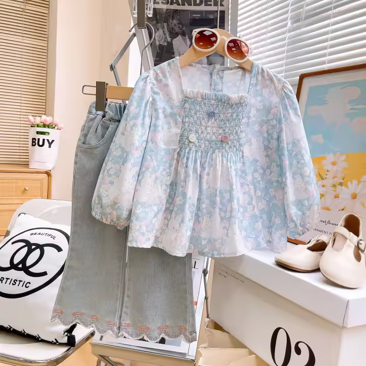 Conjuntos de ropa para niñas de 3 a 7 años, camisa de muñeca con lazos florales + jeans bordados - 1