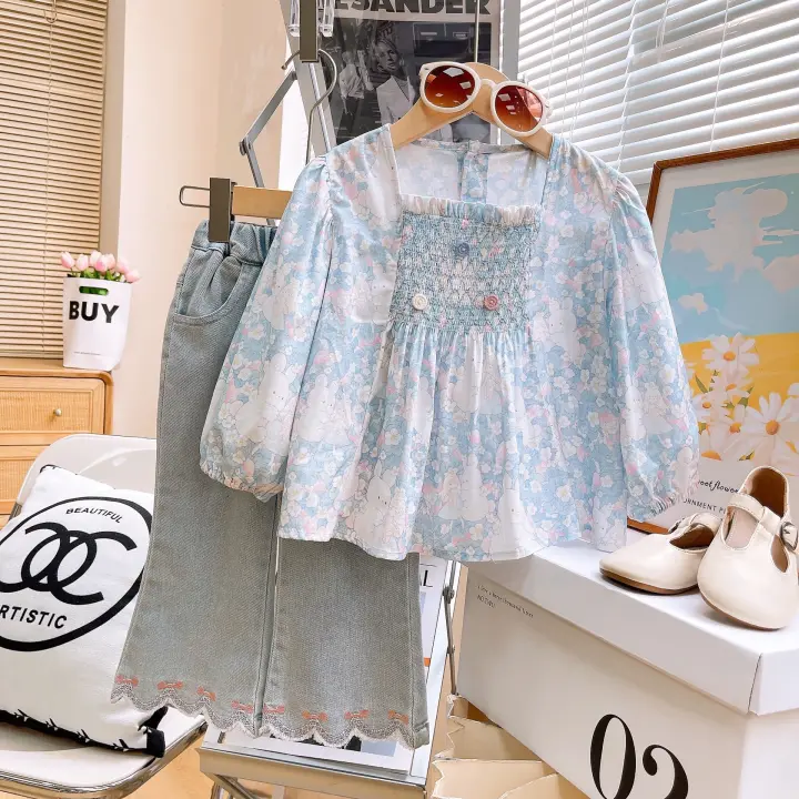 Conjuntos de ropa para niñas de 3 a 7 años, camisa de muñeca con lazos florales + jeans bordados - 1
