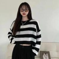 Nuevo Suéter Cortado a Rayas Estilo Coreano para Mujer Jersey de Punto Vintage de Gran Tamaño con Manga Larga y Cuello Redondo - details 0