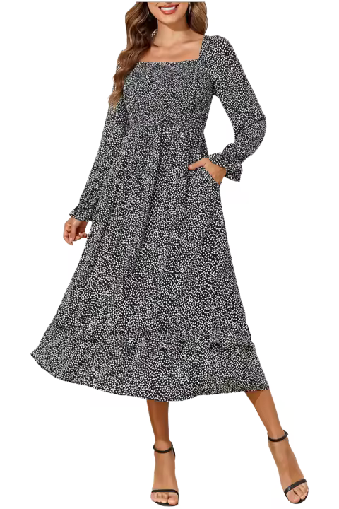 Elrachen Vestido midi con cuello cuadrado y estampado floral para mujer, negro, tallas S-2XL - 1
