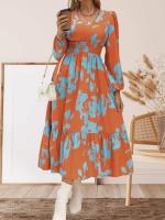 Vestido de longitud media con manga larga y burbujas estampadas con cuello en V - details 4