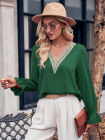 Blusa de retazos de encaje hueco para mujer, elegante camisa de manga larga para oficina, Tops elegantes sólidos sueltos, ropa de moda de otoño - details 19