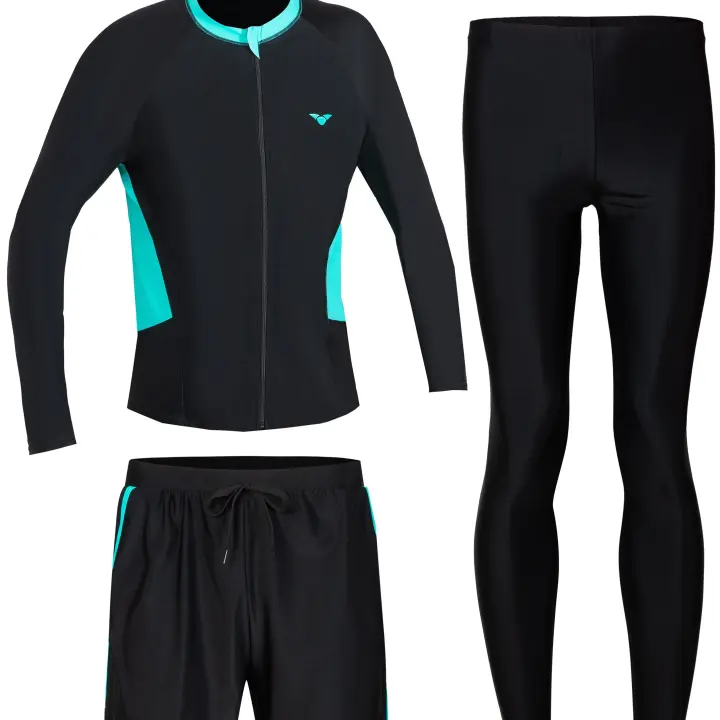 Traje de baño de tres piezas para hombre, top protector solar de manga larga con cremallera y contraste de color - 1