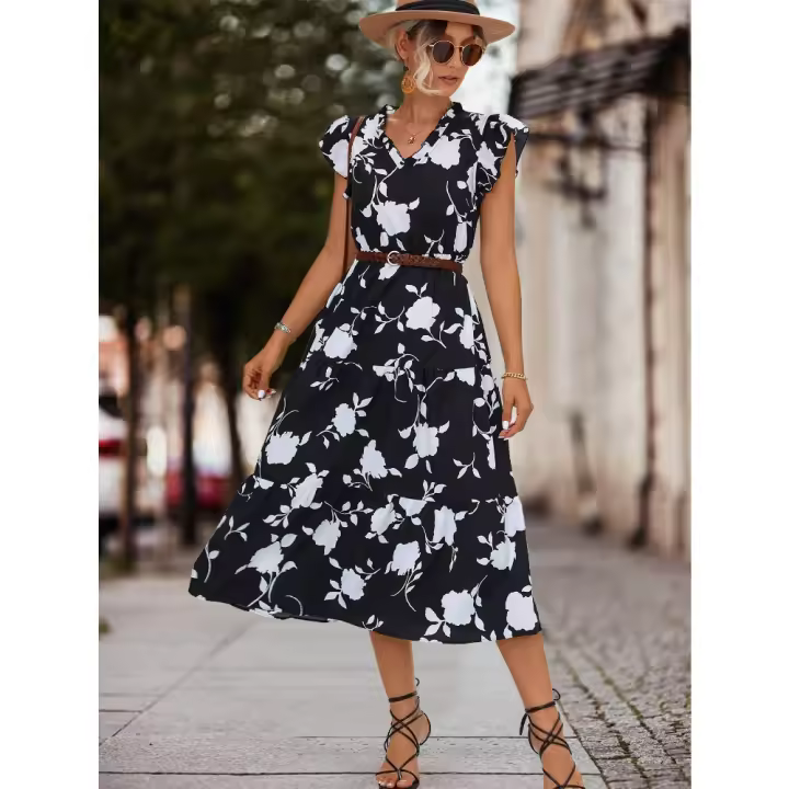 Vestido Bohemio de Manga de Volante para Mujer Ligero, Transpirable, Escote en V, Mangas de Volante, Ideal para Playa o Ciudad - 1