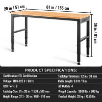 SucceBuy Banco de trabajo de altura ajustable, mesa de garaje con tomas de corriente, tapa de madera dura, estructura de metal, ruedas giratorias - details 6