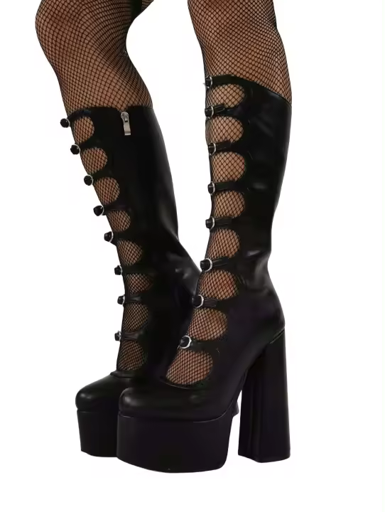 Botas de plataforma con múltiples correas para el hombro y hebilla a la moda para mujer, botas hasta la rodilla góticas de tacón ultraalto y grueso para primavera - 1