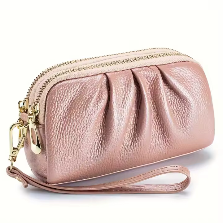 Bolso de Mano de Cuero Genuino de Doble Capa Cartera con Cremallera y Correa Desmontable - 1