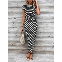 Vestido largo de manga corta con cuello redondo a rayas y cintura elegante con vestidos de encaje utilizados para la fiesta de verano de las mujeres - details 10