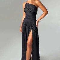 Verano 2024 Nuevo vestido largo ajustado con pliegues en los hombros y vestidos con dobladillo abierto en A para mujer - details 7