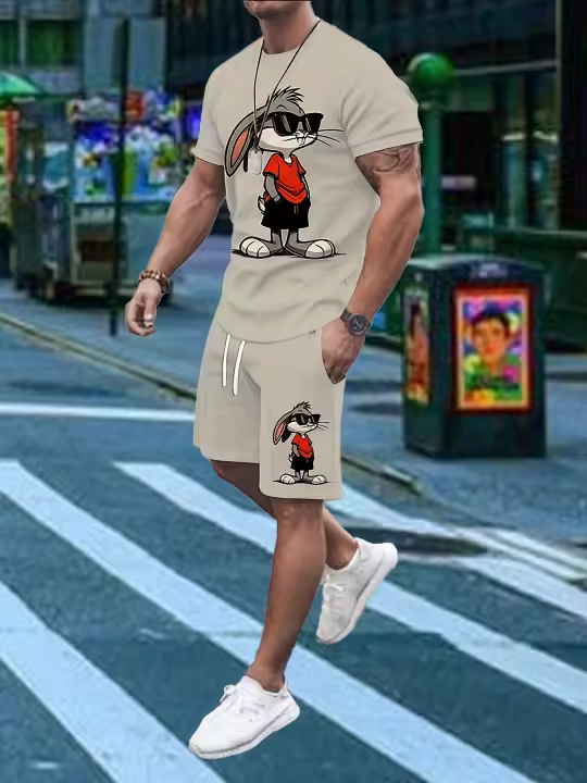 Conjunto Casual de Camiseta y Pantalones Cortos para Hombre Estampado de Conejo de Dibujos Animados en 3D Pantalón Corto de Verano Informal para Todos los Días Top de Manga, Pantalones Cortos Deportivos de Calle al Aire Libre - 1