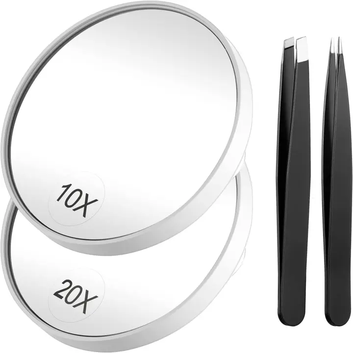 Scttomon Kit de Espejo y Pinzas con Lupa de 10X y 20X con 2 Ventosas Portátil para Belleza y Viajes - 1
