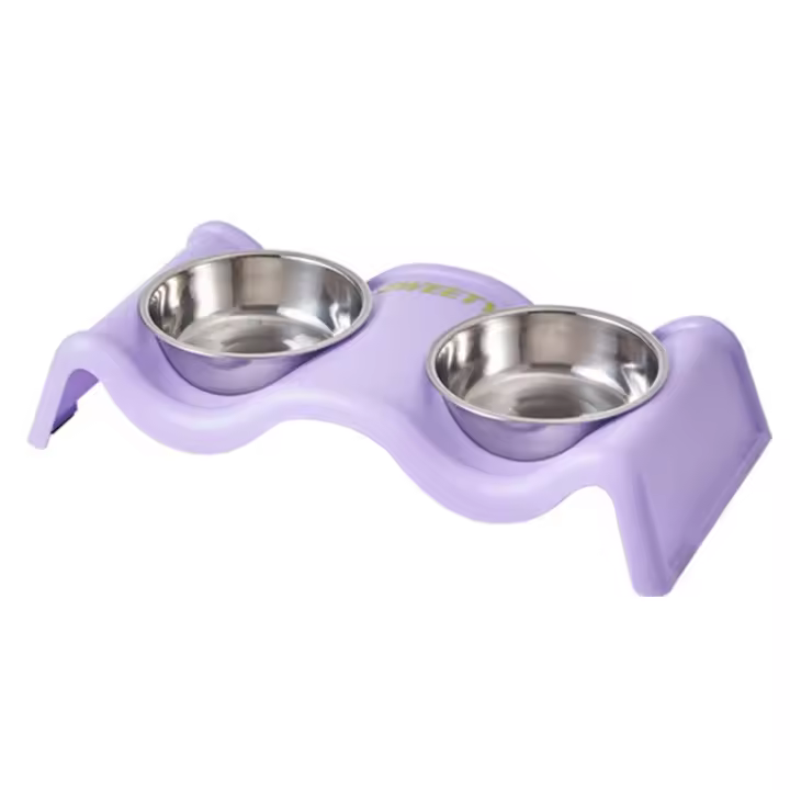 Cuenco doble creativo para mascotas, plato doble con forma de onda, contenedor de comida para gatos, alimentador de agua para cachorros de acero inoxidable de gran capacidad - 1