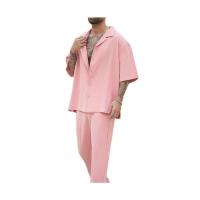 Camisas y pantalones de moda de verano, conjuntos de dos piezas para hombre, nueva tendencia, traje masculino de color sólido, sudaderas rosas de talla grande, ropa para hombre - details 0