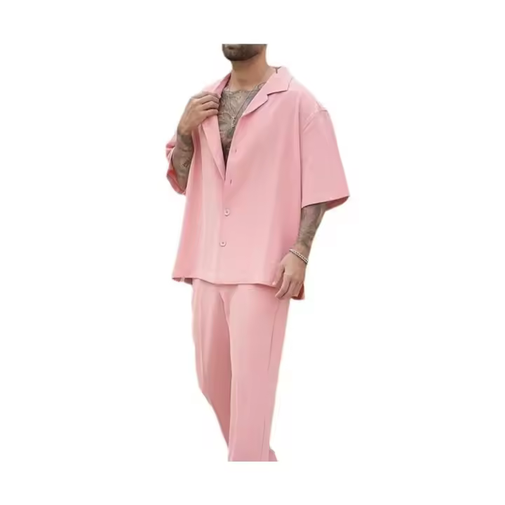 Camisas y pantalones de moda de verano, conjuntos de dos piezas para hombre, nueva tendencia, traje masculino de color sólido, sudaderas rosas de talla grande, ropa para hombre - 1