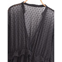 Primavera 2025, Vestido de Mujer con Volantes de Puntos de Malla, Cuello en V y Cintura Elástica, Corte en A, Vestidos Largos Negros - details 1