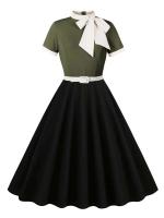 Vestido de Parche de Dos Tonos Vintage con Cuello de Lazo Manga Corta de Verano - details 21
