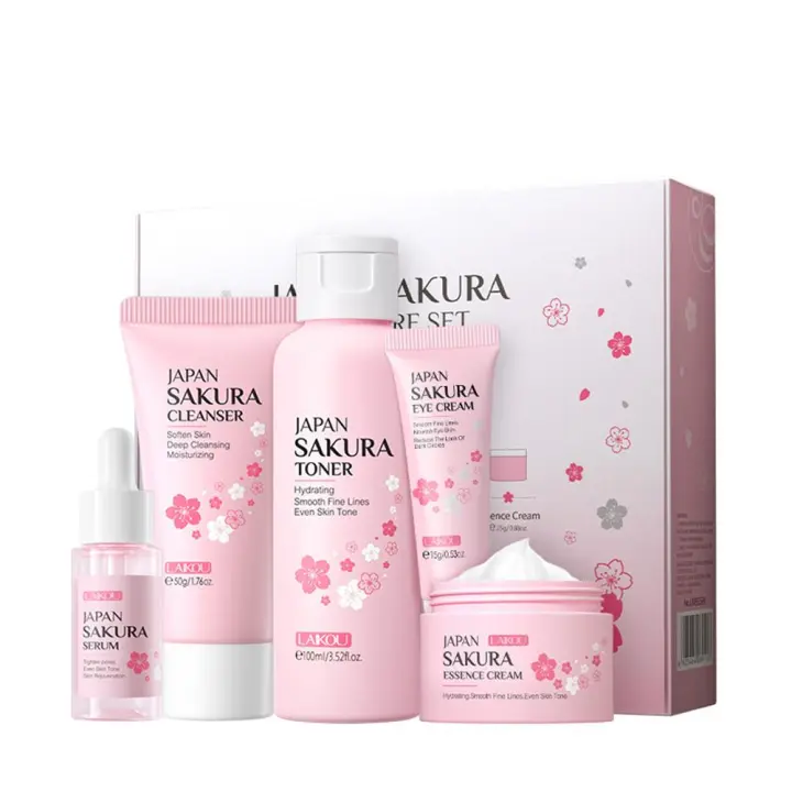 5/3 unids/set Sakura juegos de cuidado de la piel crema Facial suero tóner limpiador Facial protector solar crema para ojos caja de regalo producto de cuidado de la piel Facial - 1