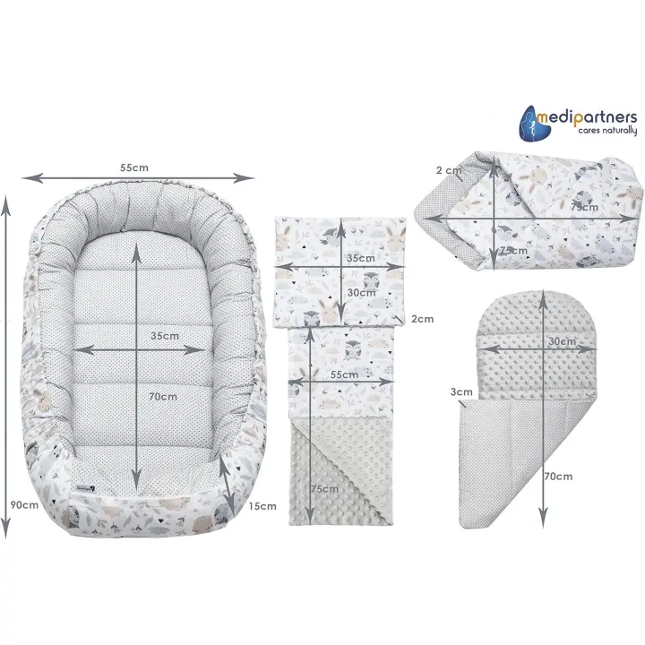 Nido Bebé Recién 100x60cm Plantilla removible 100% Algodón Cunas Nido para bebés Reductor de Cuna de Dos Caras (Ciervo en Hojas con Gris Minky) - 1