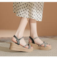 Sandalias de cuña de verano 2025 nuevas sandalias francesas de suela gruesa para uso exterior, zapatos de mujer de una sola tira con falda. - details 0