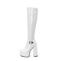 Botas Altas hasta la Rodilla con Estilo Patchwork de Cuero de Laca Tacón Grueso, Side Ziper, Punta Redonda, Mujer Otoño-Invierno 2025 - details 9