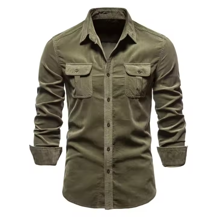 día del padre Camisas de primavera y otoño para hombre Camisa casual de manga larga Ropa de hombre de calidad de pana Rebeca de un solo pecho con solapa de bolsillo - 1