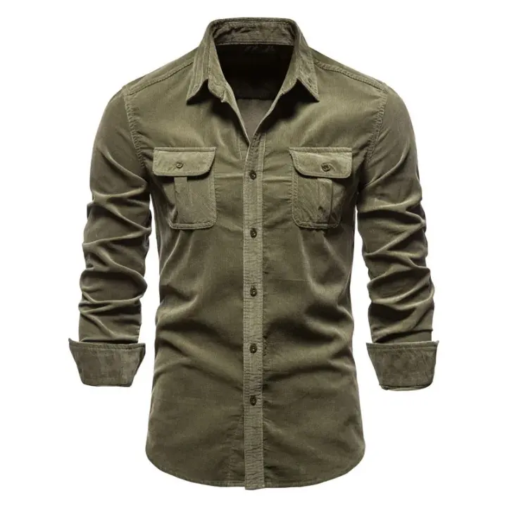 día del padre Camisas de primavera y otoño para hombre Camisa casual de manga larga Ropa de hombre de calidad de pana Rebeca de un solo pecho con solapa de bolsillo - 1