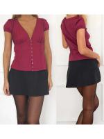 Camisa informal de verano de Color sólido para mujer, manga corta, cuello en V profundo, cinta Ence, Tops cortos dulces de fiesta con botones - details 7