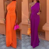 Ropa nueva de primavera 2025, vestido de mujer, hombro inclinado largo de Color sólido a la moda, violeta - details 4