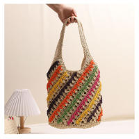 Bolso de paja de un solo hombro con rayas coloridas, bolso tejido hueco, estilo de vacaciones, bolso de playa, bolso casual para mujeres - details 8