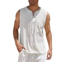 Lino de algodón para hombre, chaleco informal de Color sólido, camisas sin mangas con cordones, camisetas sin mangas con cuello en V, camisa holgada, camisetas ligeras para hombre - details 1