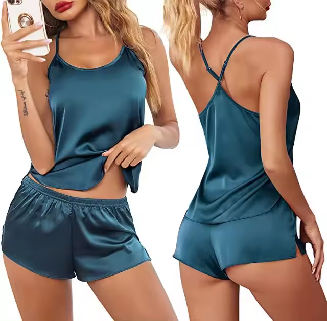Ence Conjunto de pijama de satén para mujer, pijama sexy, top sin mangas y pantalones cortos, conjunto de 2 piezas - 1