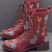 2025 Botas Martin bordadas con estampado retro para mujer, tacón cuadrado, colores combinados, botas individuales, Ethni - details 2