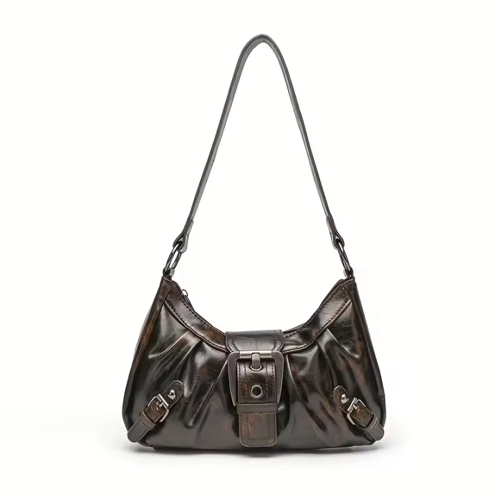 Bolso Cruzado Retro Vintage Y2K Bolso de Mano Ajustable con Cierre de Cremallera, Estichado Acolchado, Marrón Profundo/Negro, Hecho a Mano de Guangzhou - 1