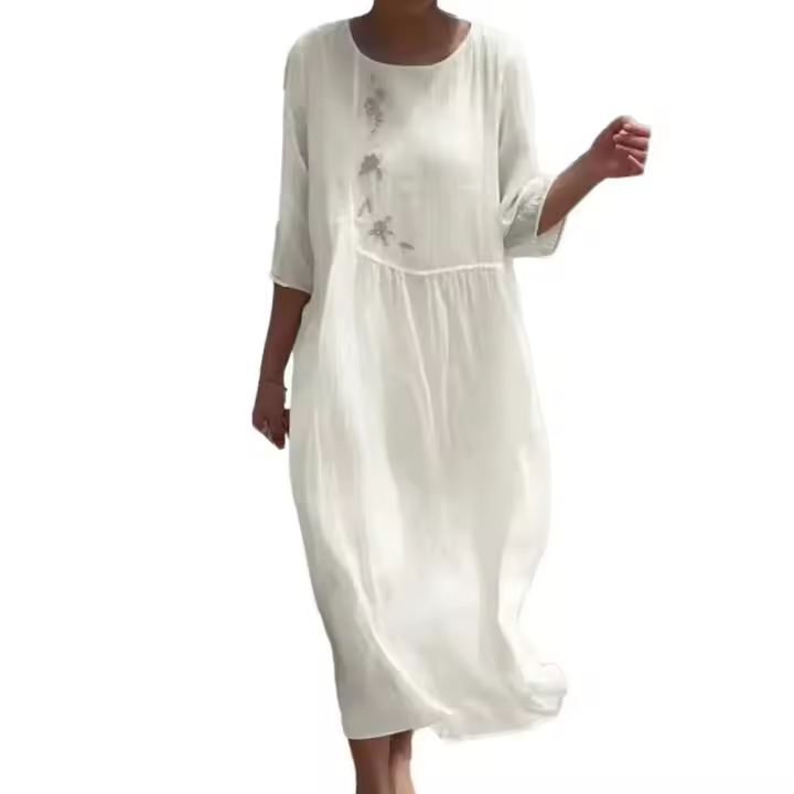Vestido Vintage con bordado Floral para mujer, ropa de playa, manga corta, cuello redondo, algodón y lino, estilo bohemio, Verano - 1