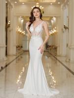 Elegante Vestido de Novia Sirena Blanca Perlas de Encaje Sin Mangas con Cuello en V para Fiesta Formal - details 1