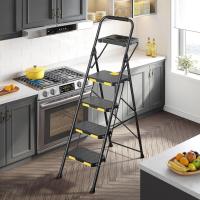 Escalera Plegable de 4 Peldaños con Bandeja de Herramientas e Bloqueo de Seguridad, Carga hasta 360 kg, Escalera Doméstica con Pedal Ancho Antideslizante e Pasamanos, Uso Hogar Cocina, Negro - details 1