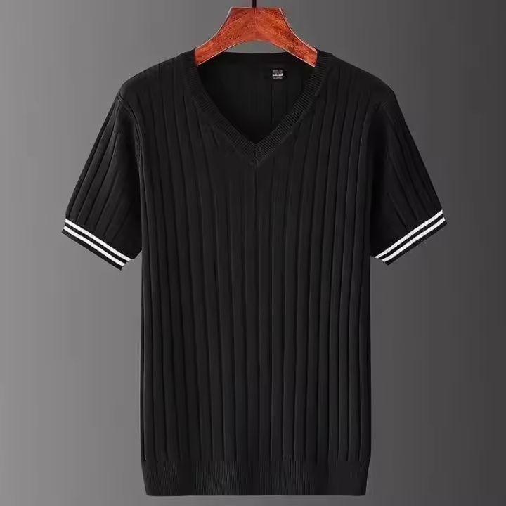Camiseta de verano para hombre, manga corta, estilo fino, corte entallado, cuello en V, Top de punto, capa Base de rayas versátil y cómoda - 1