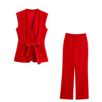 OUWU- Traje de oficina elegante para mujer, chaleco rojo, blazer con cuello en V, fajas sin mangas, blazer de cintura alta, pantalones de pierna ancha, moda 2025, conjuntos de verano - details 2