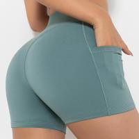 Pantalones cortos de gimnasio para mujer, yoga con bolsillo, leggings Fiess, pantalones cortos de cintura alta - details 22