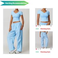 Top corto de manga corta con cuello en V para mujer, camiseta ajustada de yoga, camiseta deportiva de alta elasticidad, top de fitness - details 0