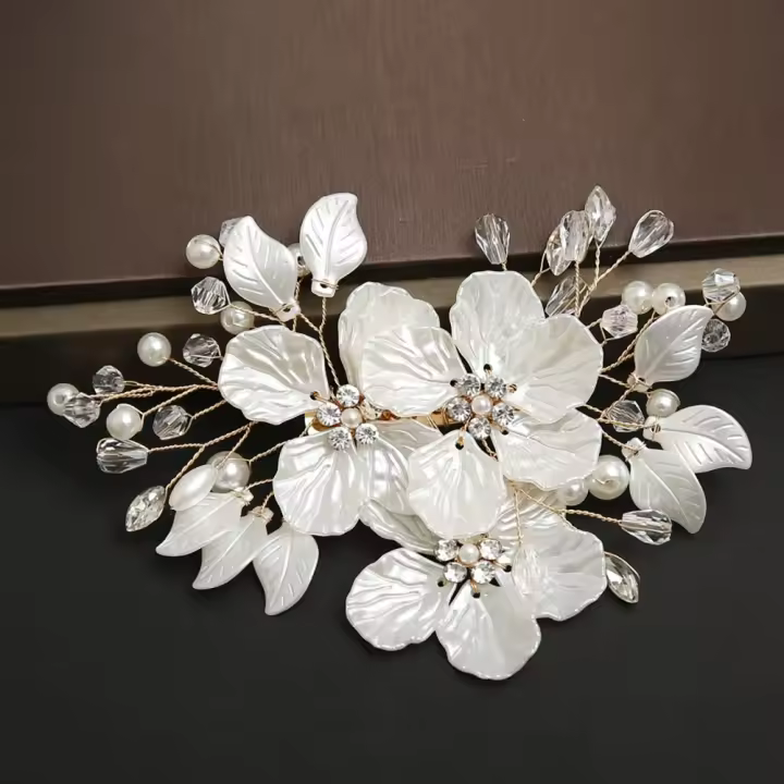Nuevo tocado de novia con flor de perla de cristal, tocado de novia blanco hecho a mano, horquilla de boda elegante de lujo para mujer - 1