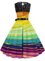 Vestido midi de fiesta elegante de verano con estampado floral, encaje, sin mangas, línea A y cinturón para mujer - details 16