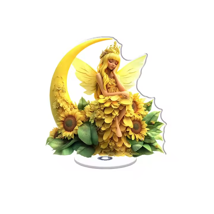 La pantalla acrílica giratoria presenta una hada con el pelo amarillo en una luna creciente entre girasoles que muestran detalles intrincados y colores vibrantes sobre un fondo blanco. - 1