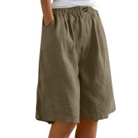 Pantalones Cortos de Lino y Algodón para Mujer Color Sólido, Cintura Suelta, Bolsillo, Botón, Moda Casual - details 10