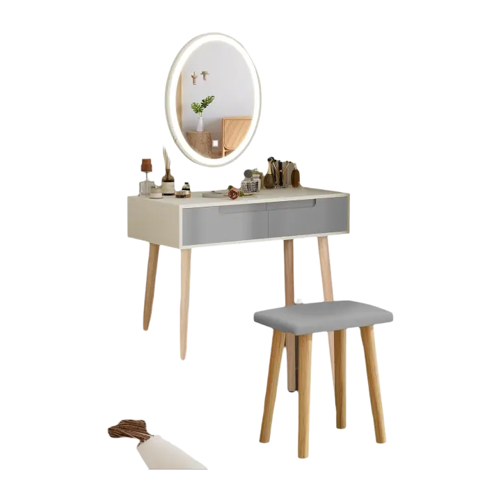 Tocador de Maquillaje con Luz y Taburete Tapizado, Tocador de Dormitorio con 2 Cajones, Espejo LED 3 Colores, Iluminación Regulable, Mesa Cosmética para Escritorio, Vestidor, Moderno, Gris - 1
