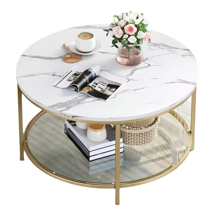 Mesa DE CAFÉ, Vidrio Templado de Madera, Blanco y Dorado, 80x80x46cm - 1