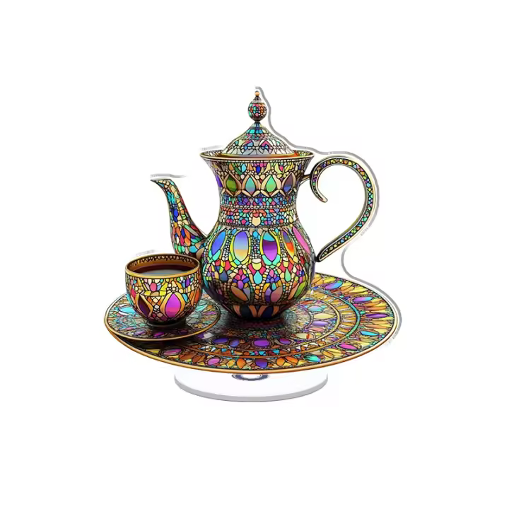Adorno acrílico giratorio con un vívido juego de té árabe de vidrieras con detalles intrincados y colores brillantes sobre un fondo blanco - 1