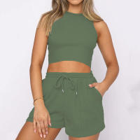 Conjunto de dos piezas de verano para mujer, chaleco sin mangas de color sólido con textura gofre y pantalones cortos casuales de moda. - details 4